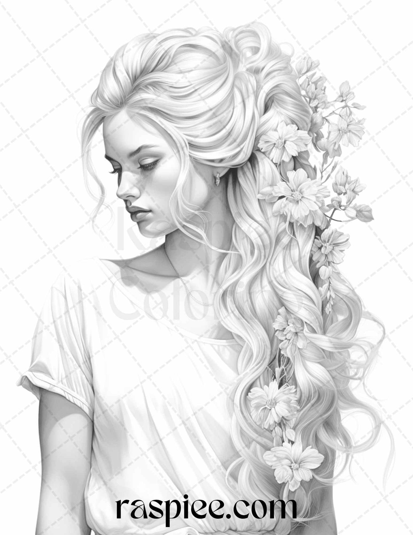 43 Beautiful Hairstyles Grayscale Coloring Pages Printable for Adults, PDF File Instant Download