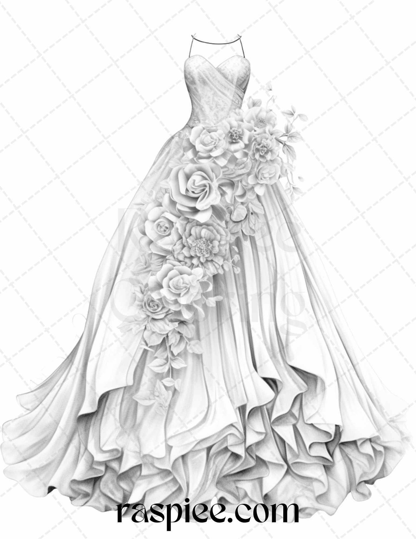 40 Elegant Floral Wedding Dresses Grayscale Coloring Pages Printable for Adults, PDF File Instant Download