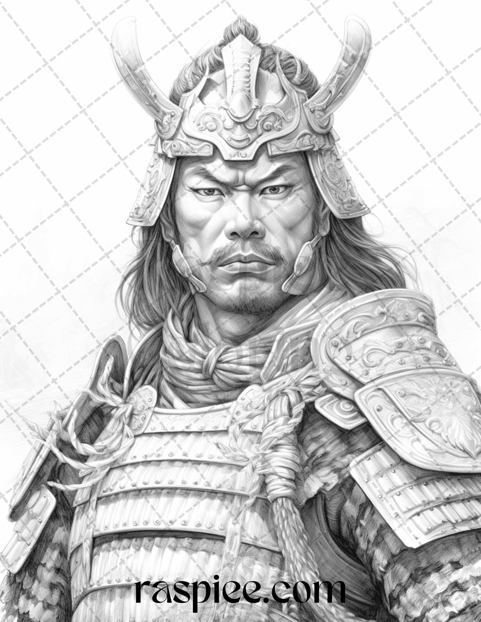 42 Japanese Samurai Grayscale Coloring Pages for Adults, Printable PDF File Instant Download