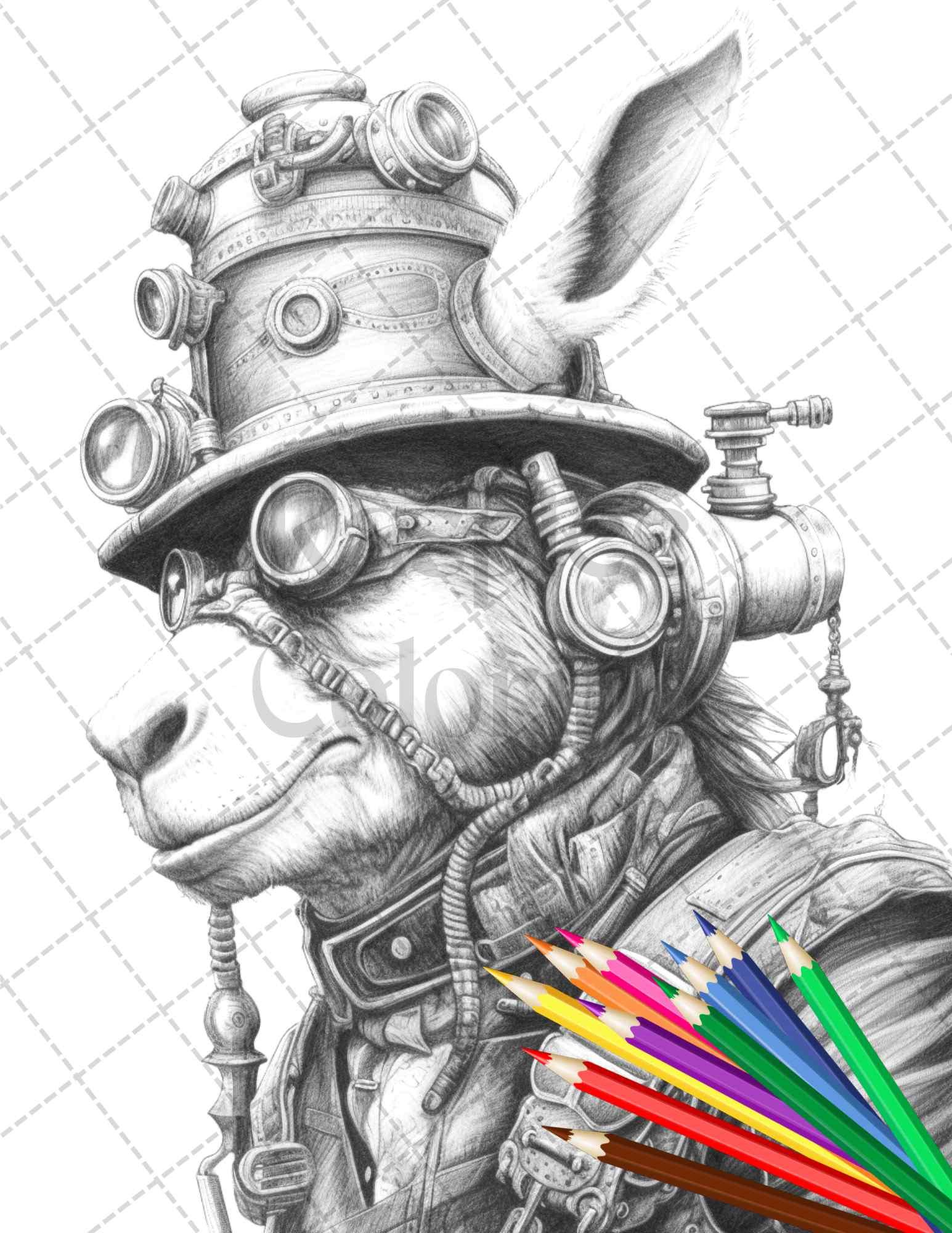 45 Steampunk Animals Grayscale Coloring Pages Printable for Adults Vol. 2, PDF File Instant Download