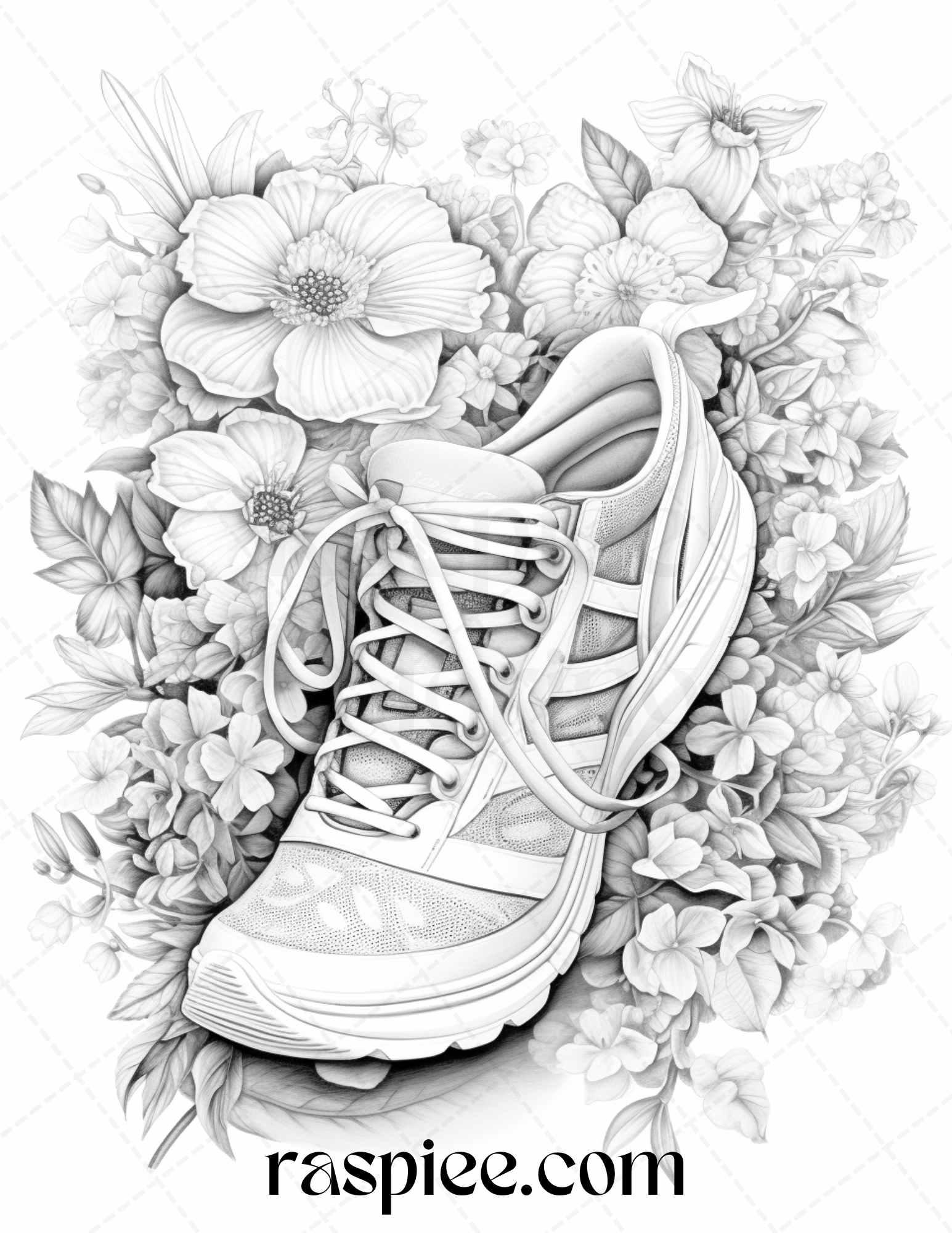 40 Flower Sneakers Grayscale Coloring Pages Printable for Adults, PDF File Instant Download