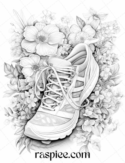 40 Flower Sneakers Grayscale Coloring Pages Printable for Adults, PDF File Instant Download