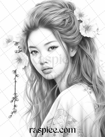 40 Beautiful Japanese Girls Grayscale Coloring Pages Printable for Adults, PDF File Instant Download