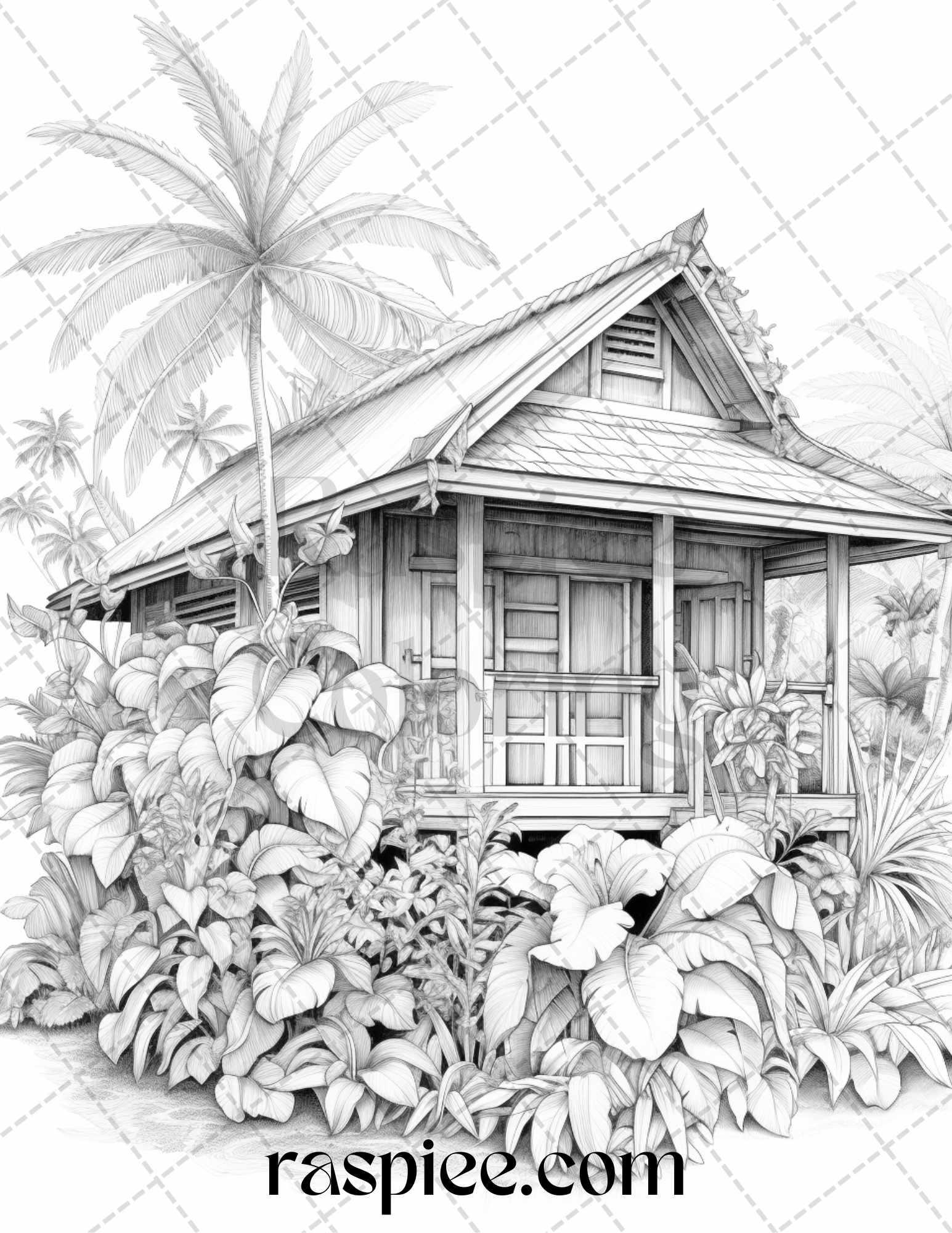 40 Hawaii Tiki Houses Grayscale Coloring Pages Printable for Adults, PDF File Instant Download