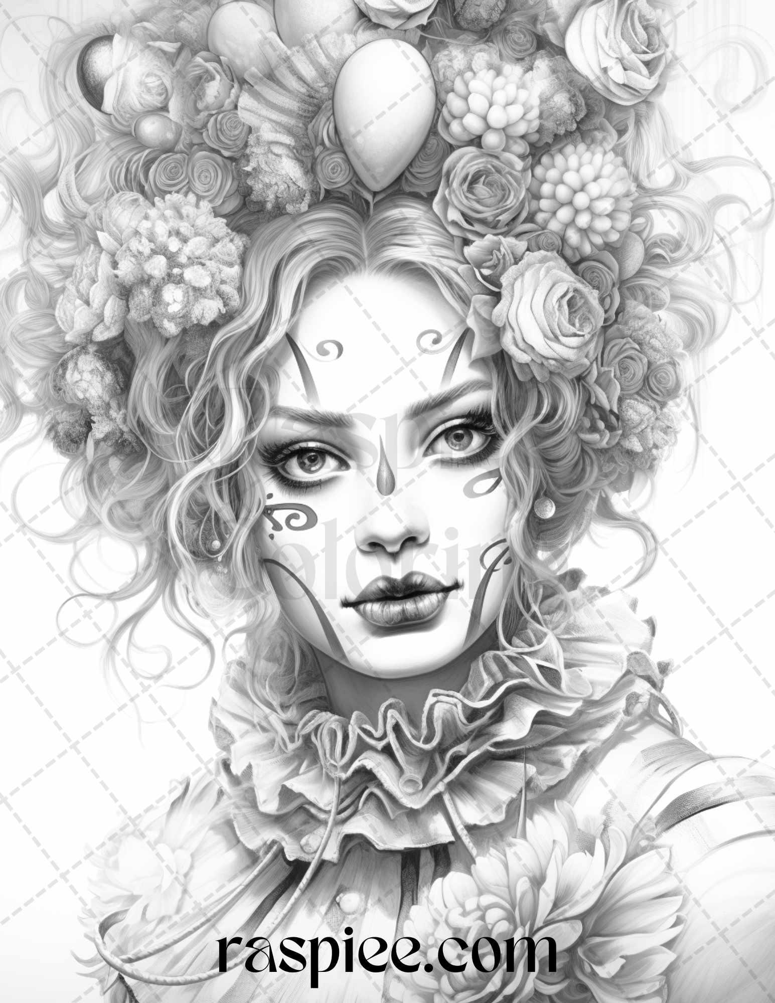 42 Beautiful Clown Girls Grayscale Coloring Pages Printable for Adults, PDF File Instant Download