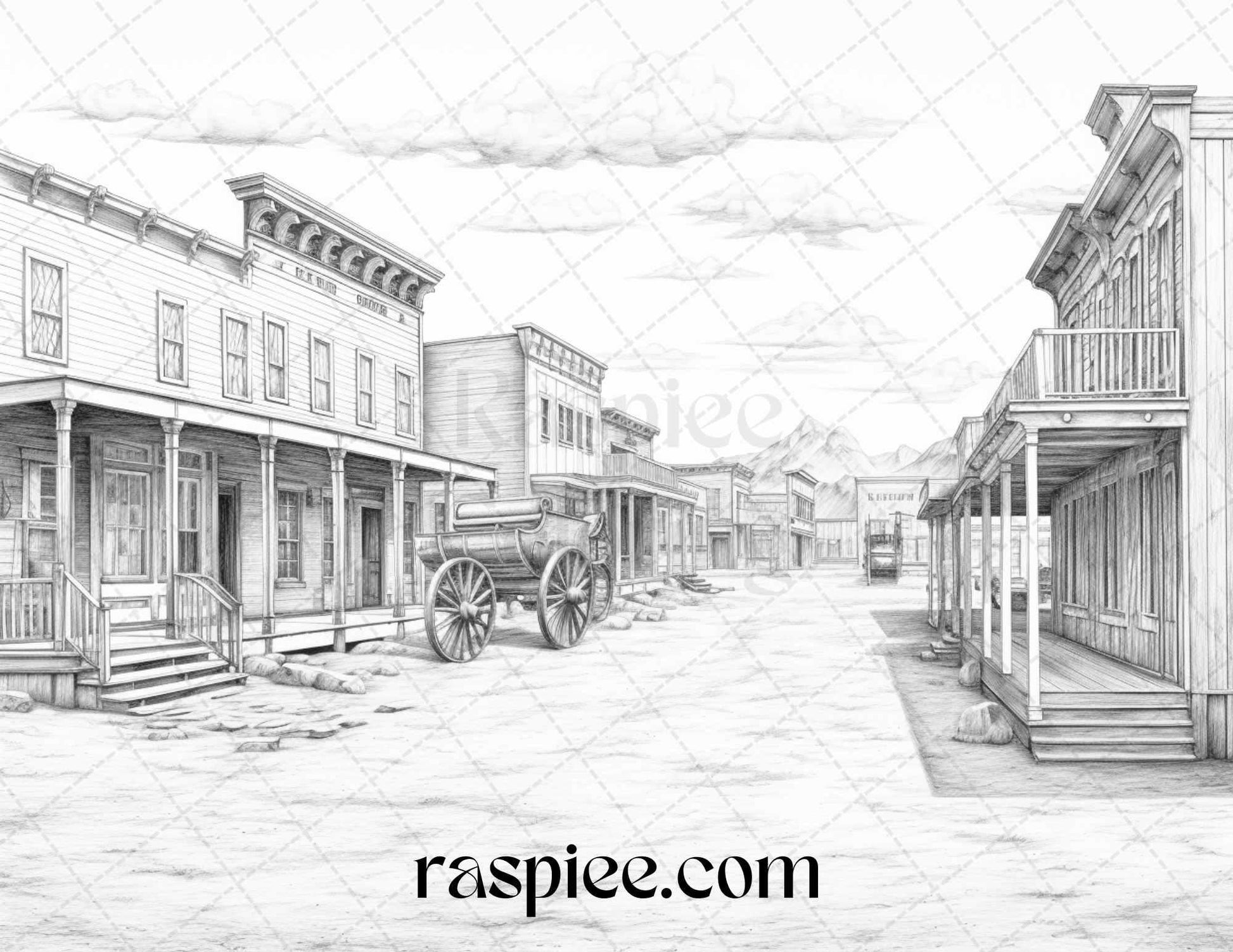 40 Wild West Towns Grayscale Coloring Pages Printable for Adults, PDF File Instant Download