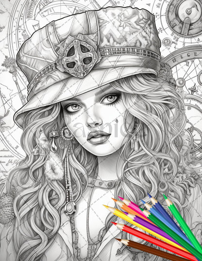 48 Beautiful Pirate Princess Coloring Book Printable for Adults, Grayscale Coloring Page, PDF File Instant Download