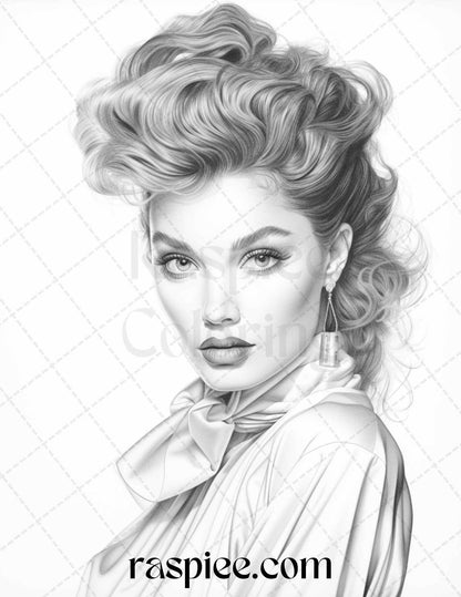 1980s Retro Beautiful Women Grayscale Coloring Pages for Adults, PDF File Instant Download