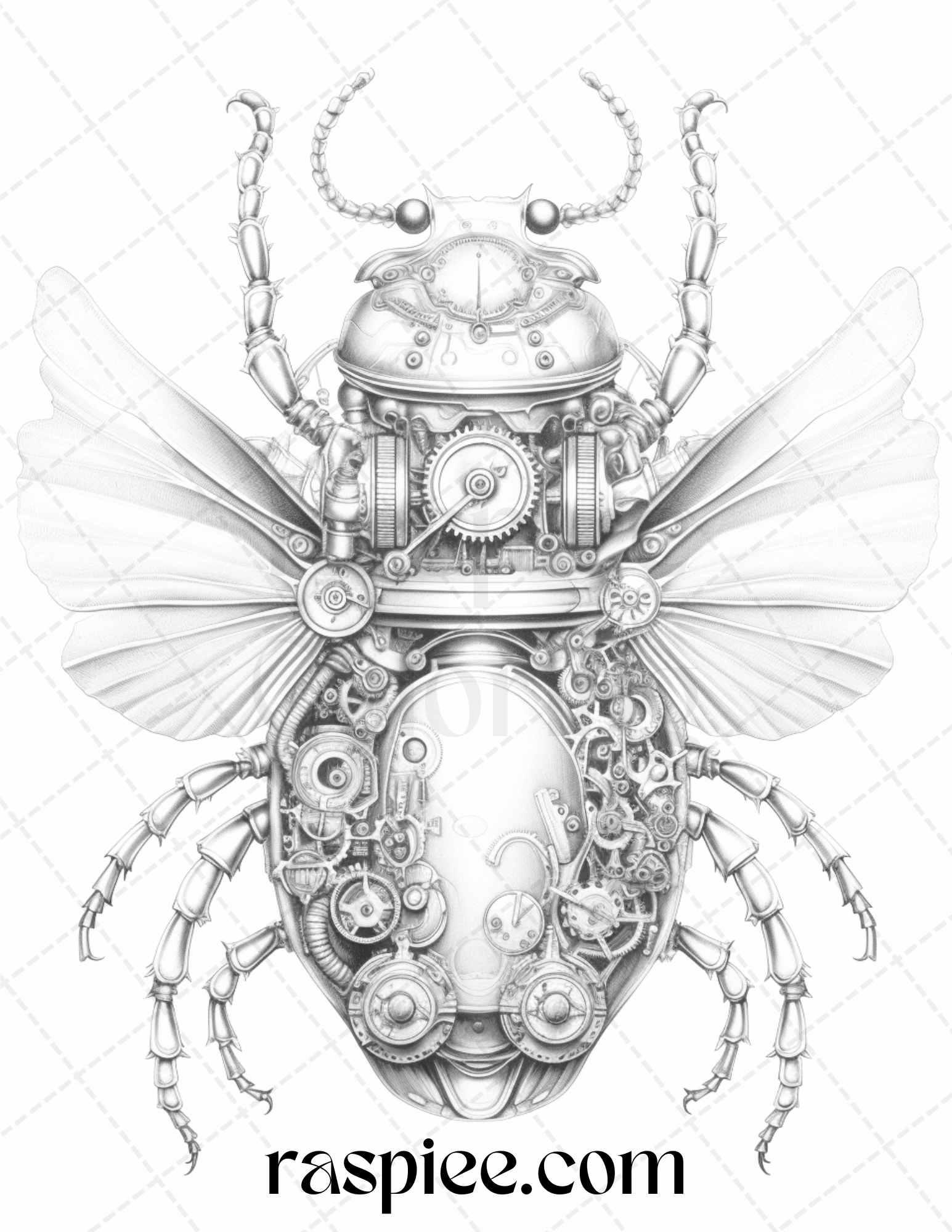 42 Steampunk Bugs Grayscale Coloring Pages Printable for Adults, PDF File Instant Download