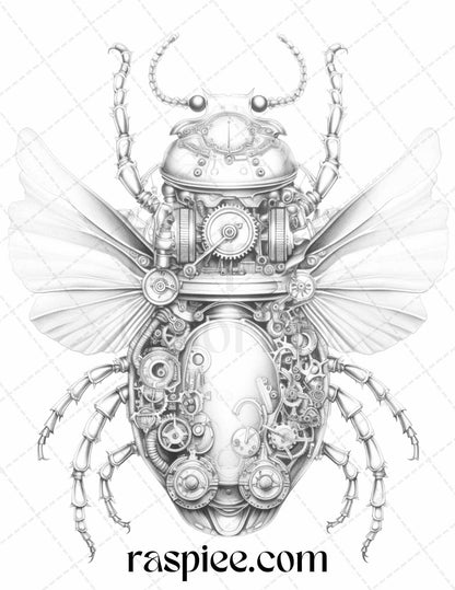 42 Steampunk Bugs Grayscale Coloring Pages Printable for Adults, PDF File Instant Download