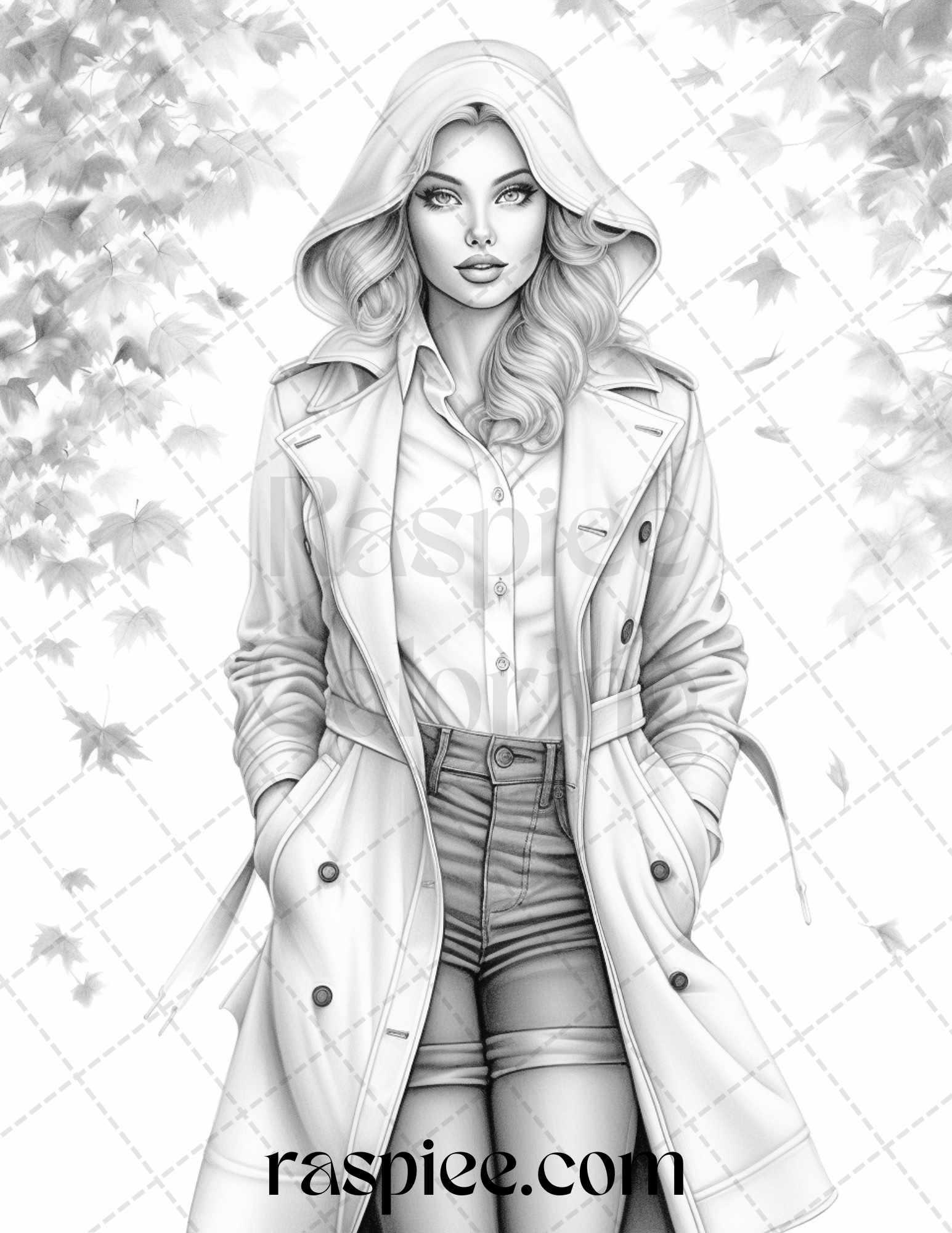 40 Fall Fashion Grayscale Coloring Pages for Adults, Printable PDF File Instant Download