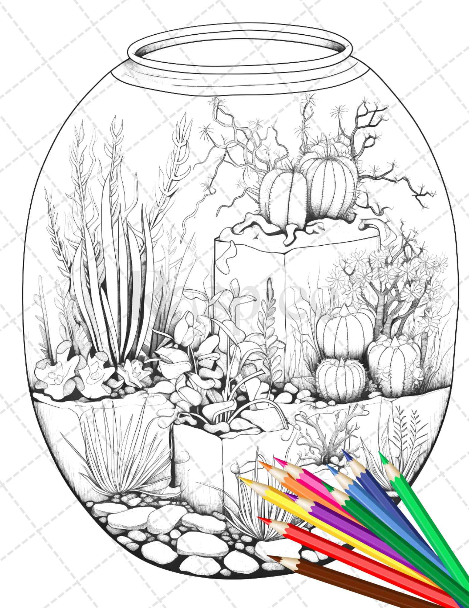 34 Enchanted Terrarium Grayscale Coloring Pages Printable for Adults, PDF File Instant Download