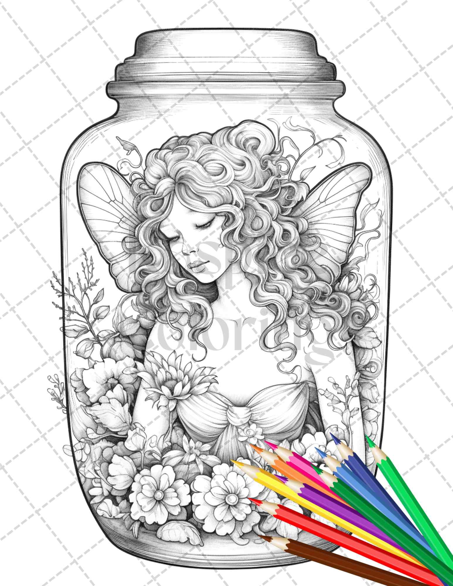 40 Beautiful Fairies in Jar Grayscale Coloring Pages Printable for Adults, PDF File Instant Download