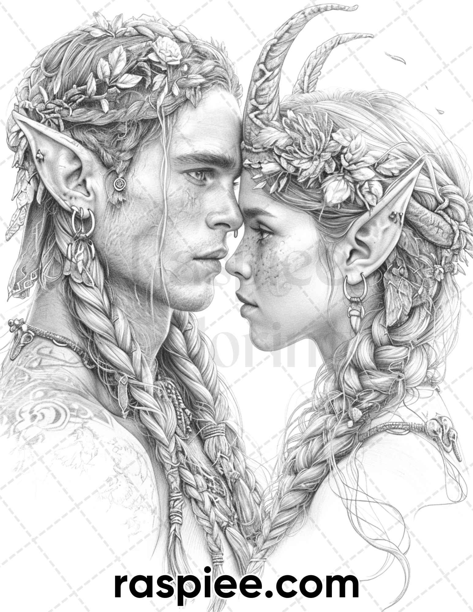 50 Romantic Elf Couple Portraits Adult Coloring Pages, Grayscale Illustration, Printable PDF Instant Download