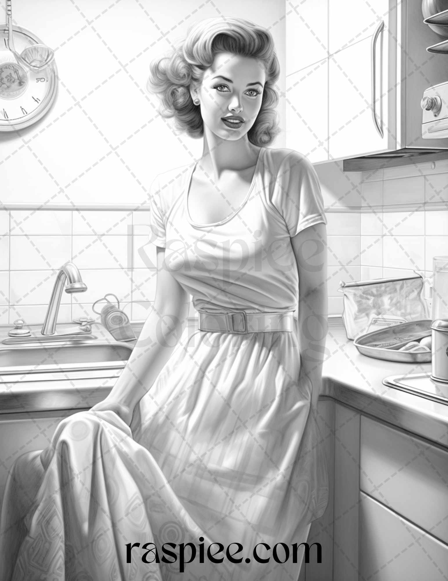 40 Retro Housewives Grayscale Coloring Pages for Adults, Printable PDF File Instant Download