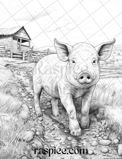 40 Farmstead Serenity Grayscale Coloring Pages Printable for Adults, PDF File Instant Download