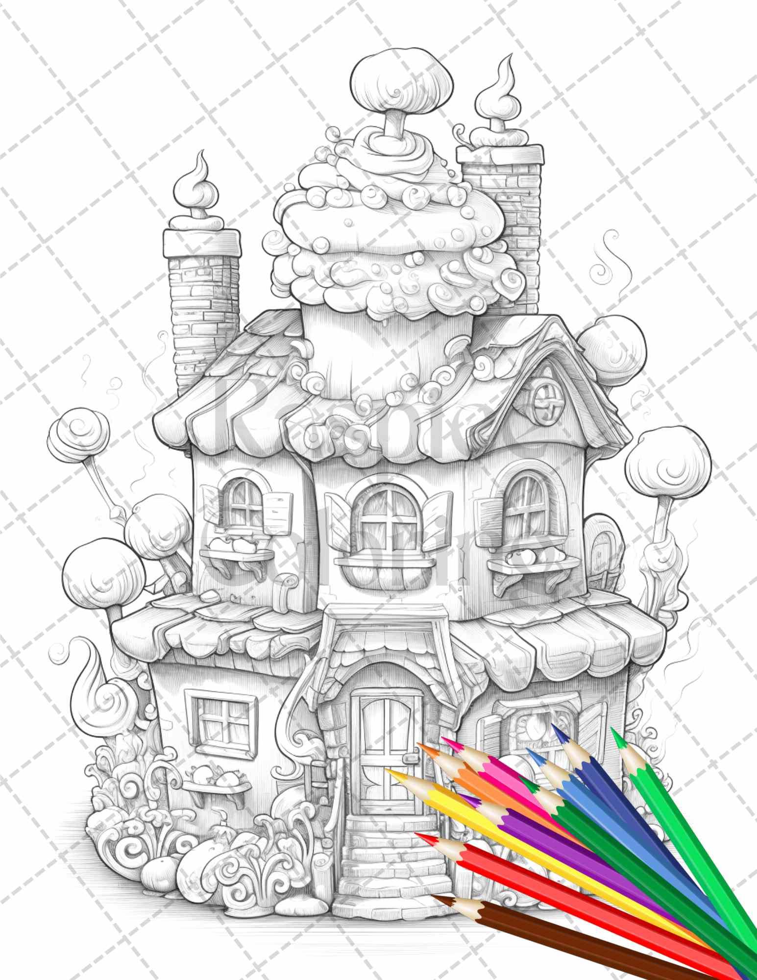 50 Adorable Cake Houses Grayscale Coloring Pages Printable for Adults and Kids, PDF File Instant Download