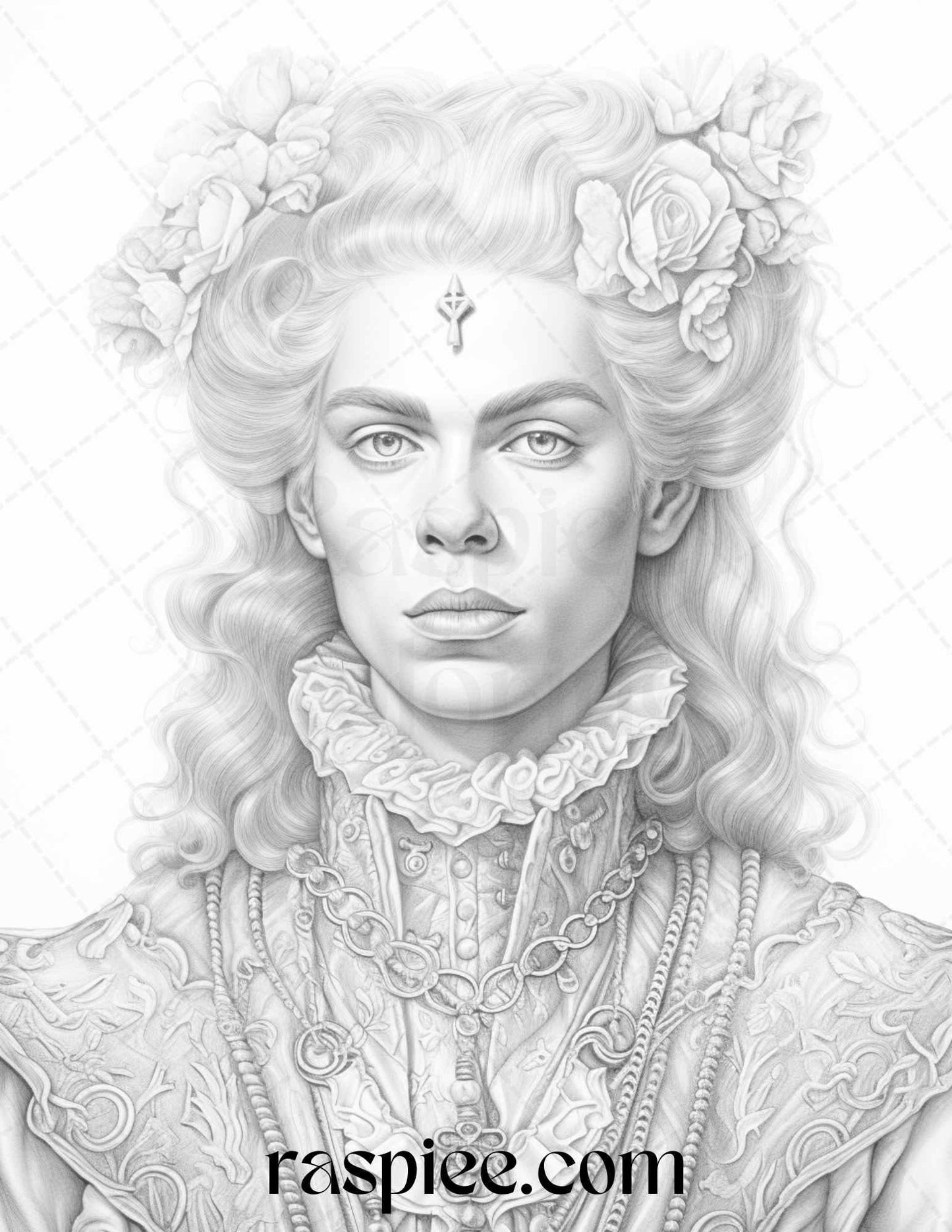 50 Baroque Man Portrait Grayscale Graysale Coloring Pages Printable for Adults, PDF File Instant Download