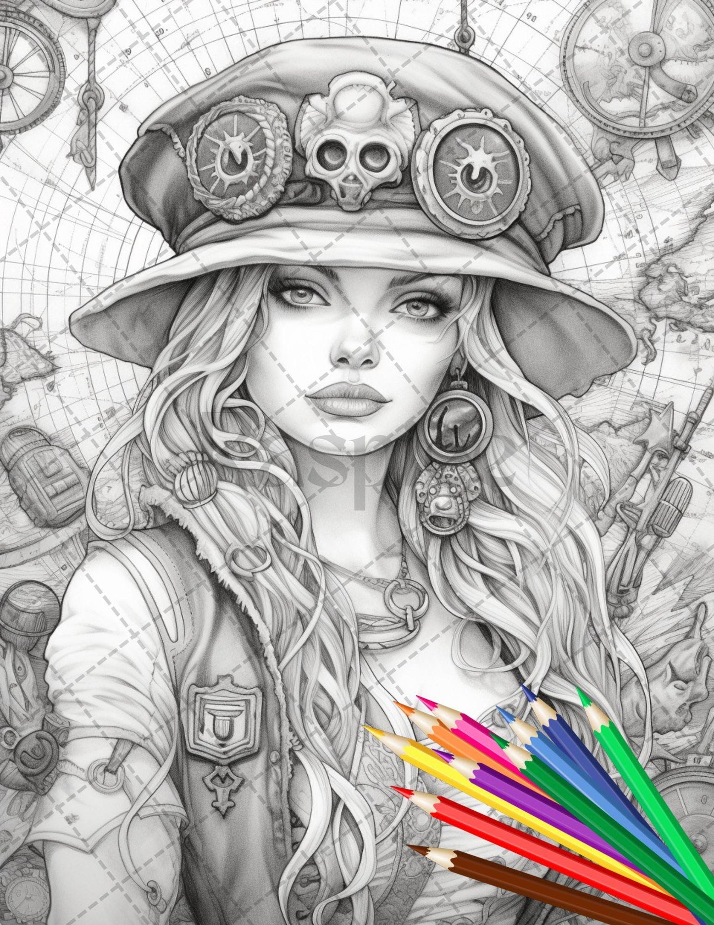 48 Beautiful Pirate Princess Coloring Book Printable for Adults, Grayscale Coloring Page, PDF File Instant Download