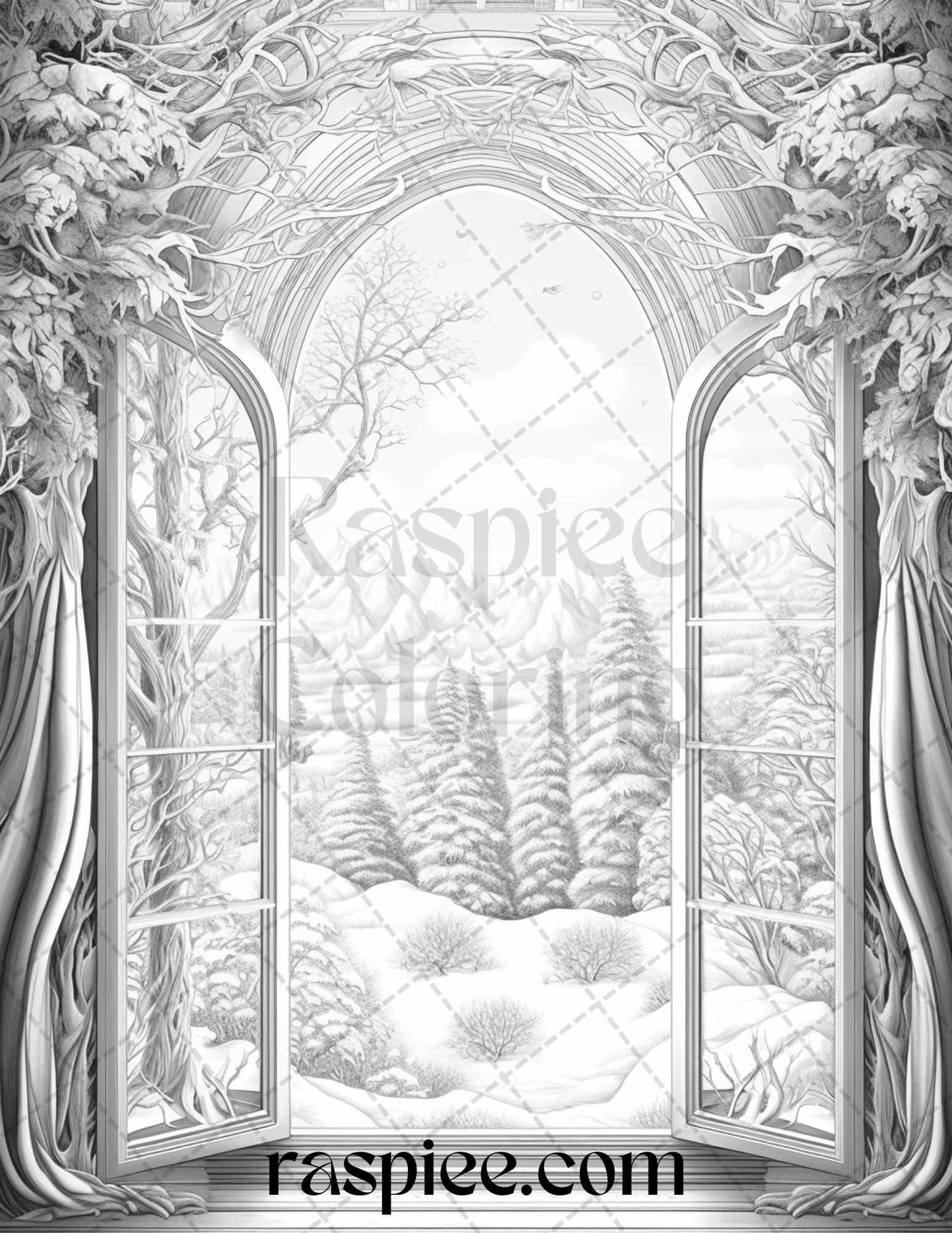 40 Window to Fantasy Worlds Grayscale Coloring Pages Printable for Adults, PDF File Instant Download