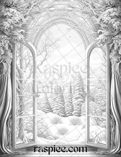 40 Window to Fantasy Worlds Grayscale Coloring Pages Printable for Adults, PDF File Instant Download