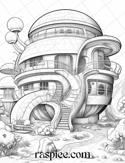 43 Futuristic Houses Grayscale Coloring Pages Printable for Adults, PDF File Instant Download