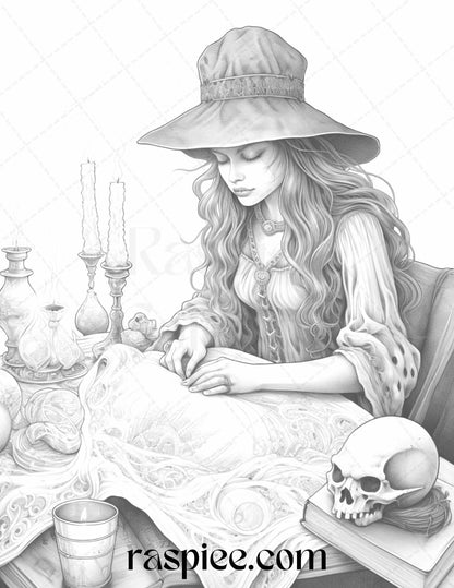 40 Witchy Land Grayscale Coloring Pages Printable for Adults, PDF File Instant Download