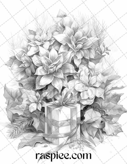 45 Christmas Flowers Grayscale Coloring Pages Printable for Adults, PDF File Instant Download