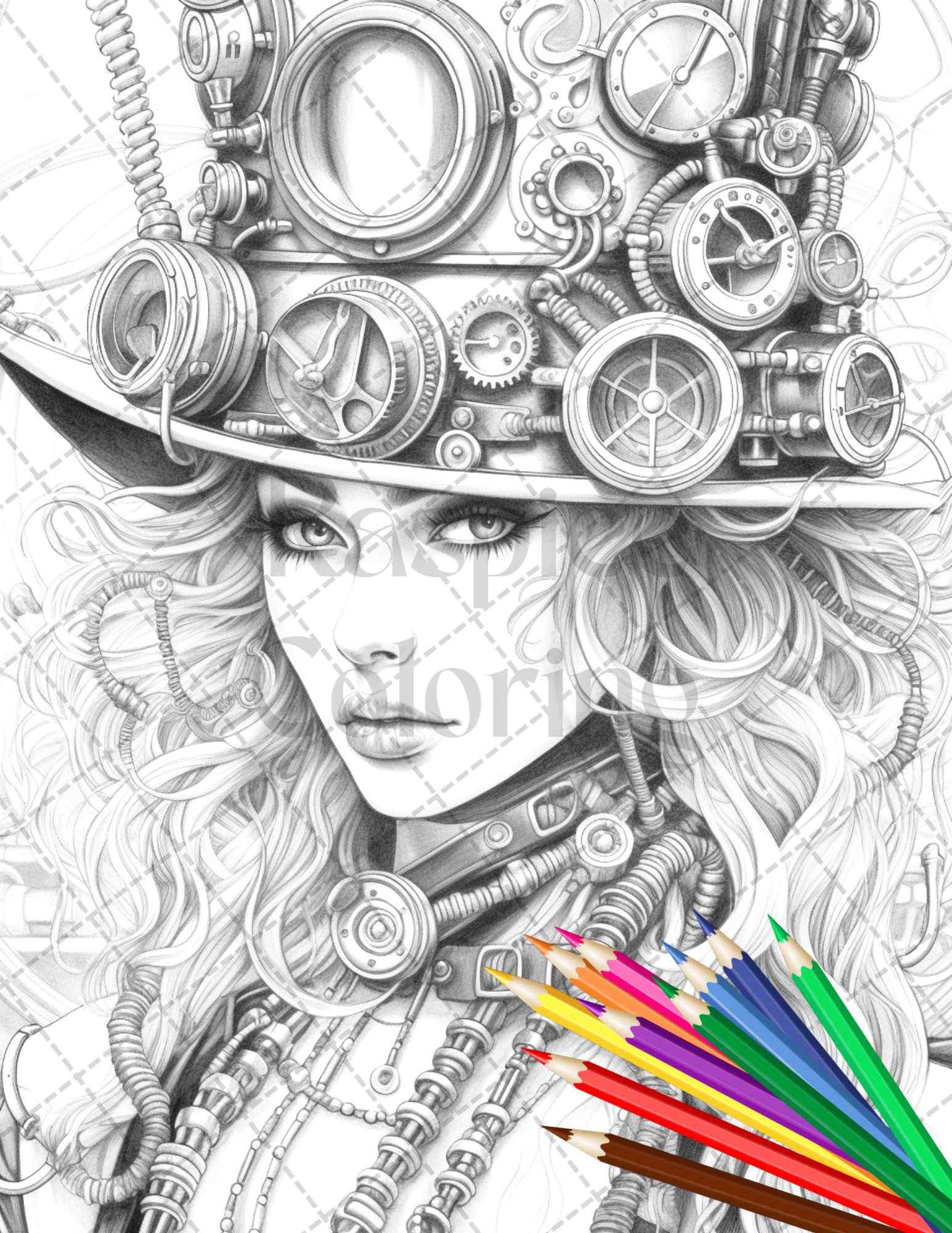 40 Steampunk Ladies Grayscale Coloring Pages Printable for Adults, PDF File Instant Download