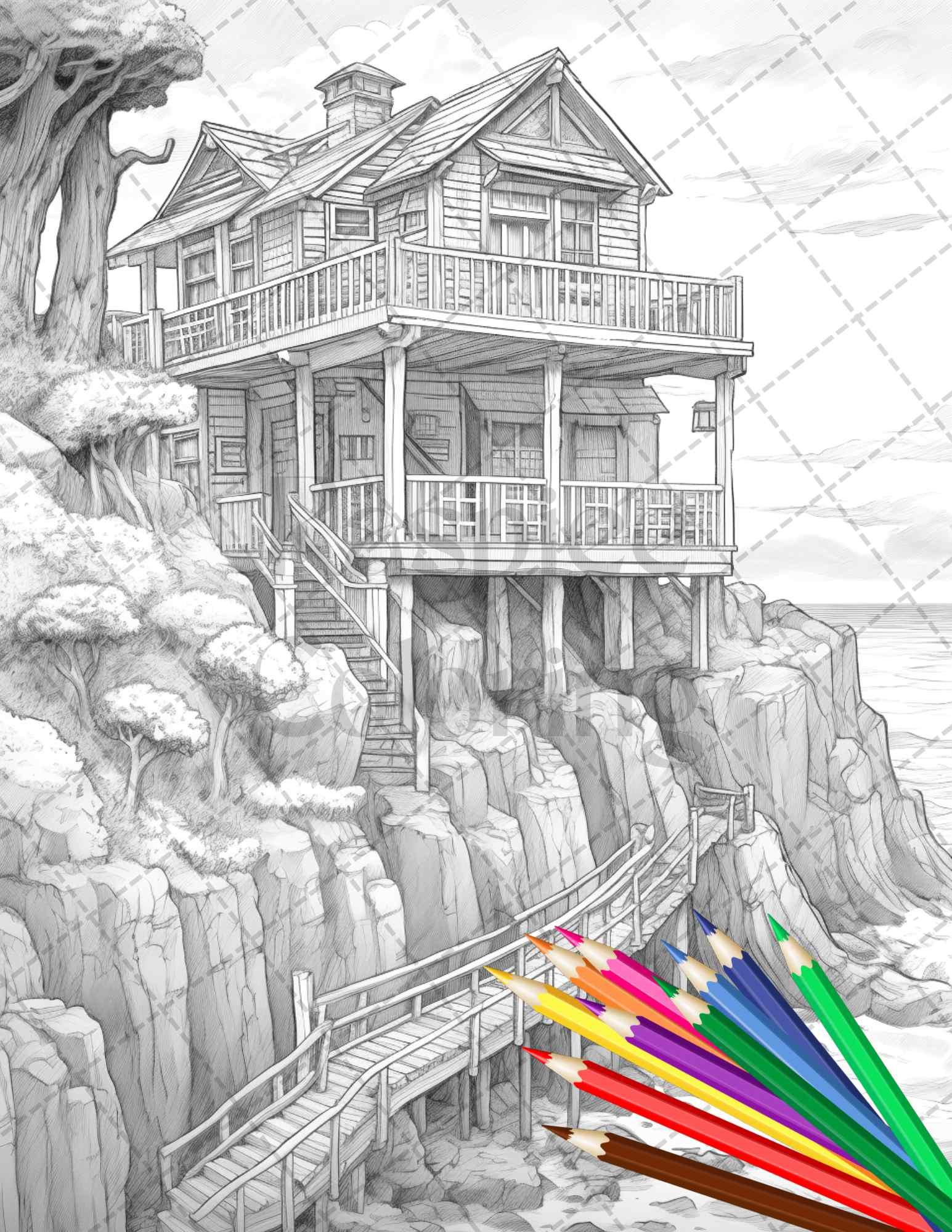 42 Wooden Beach Houses Grayscale Coloring Pages Printable for Adults, PDF File Instant Download