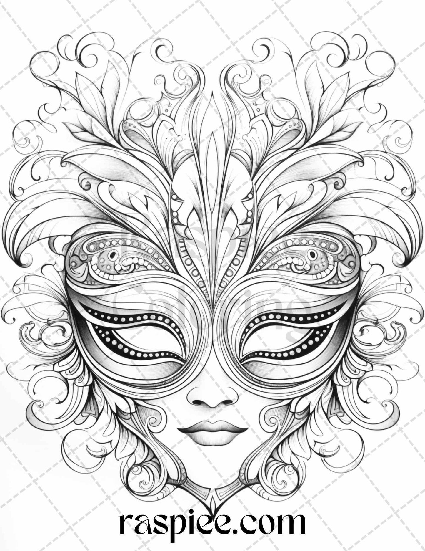 40 Masquerade Masks Grayscale Coloring Pages Printable for Adults, PDF File Instant Download