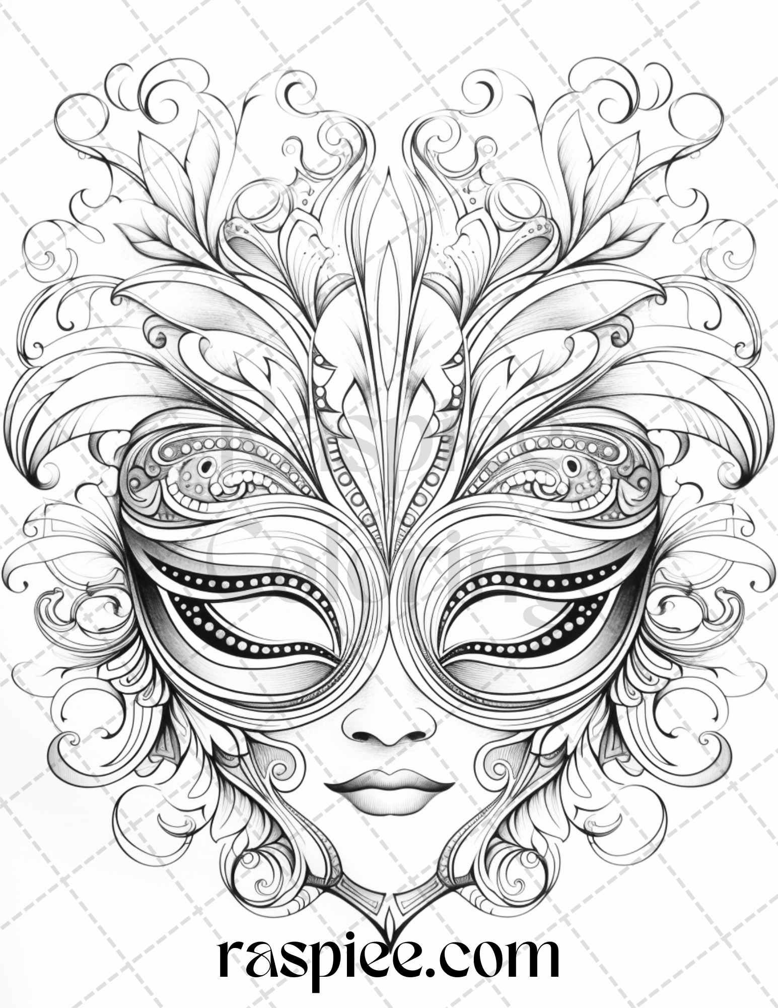 40 Masquerade Masks Grayscale Coloring Pages Printable for Adults, PDF File Instant Download