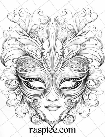 40 Masquerade Masks Grayscale Coloring Pages Printable for Adults, PDF File Instant Download