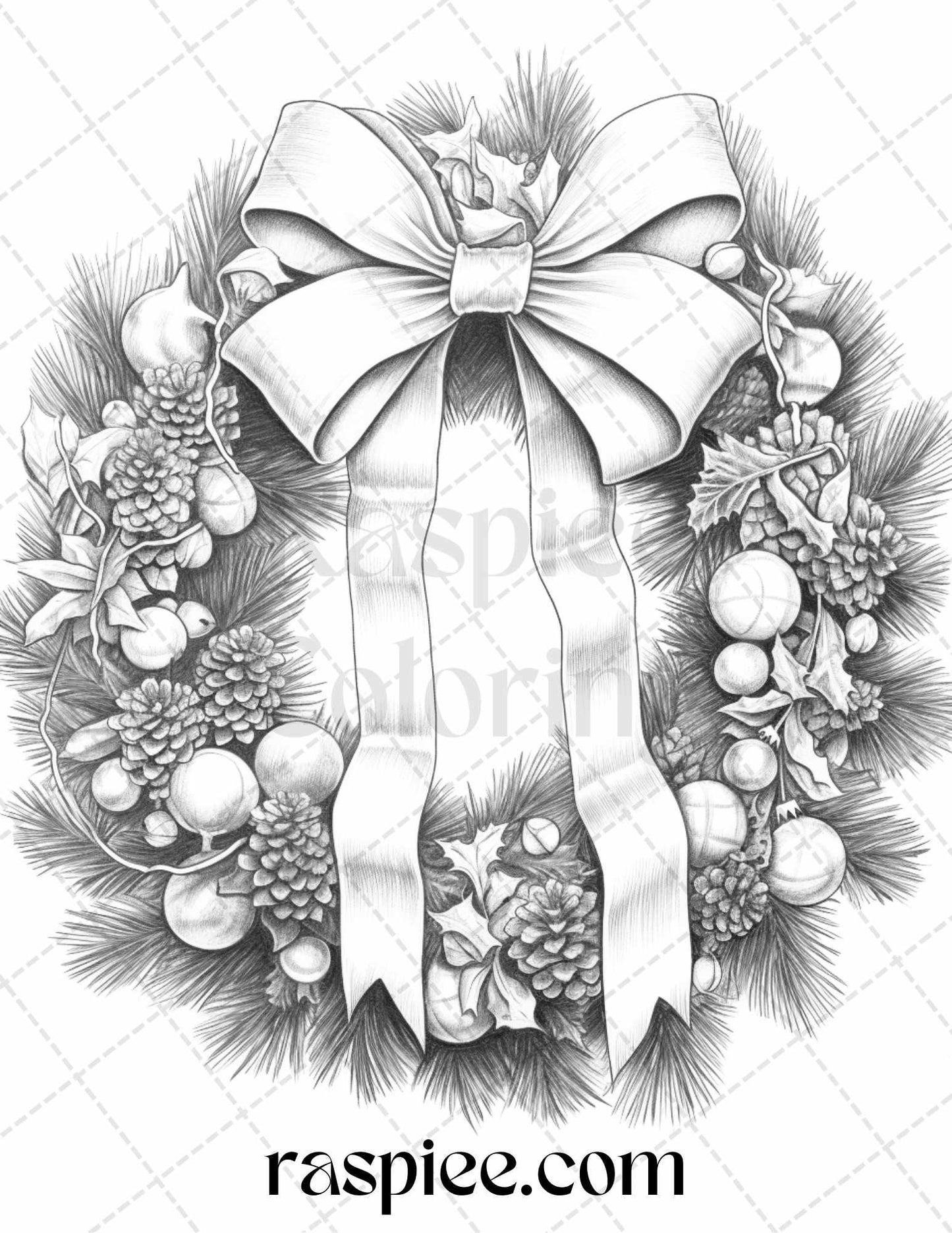 40 Christmas Wreath Grayscale Coloring Pages Printable for Adults, PDF File Instant Download