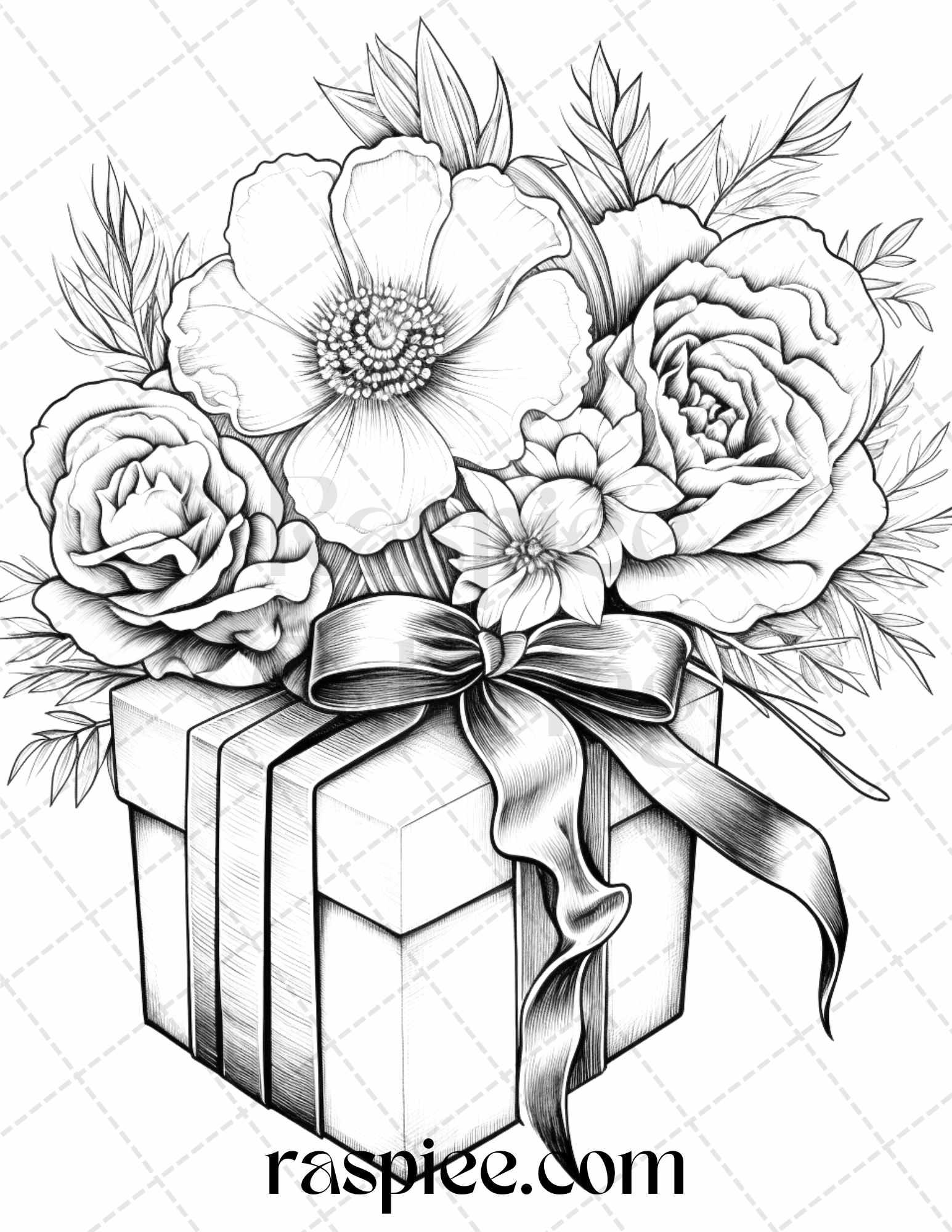 40 Flower Gift Box Grayscale Coloring Pages Printable for Adults Kids, PDF File Instant Download