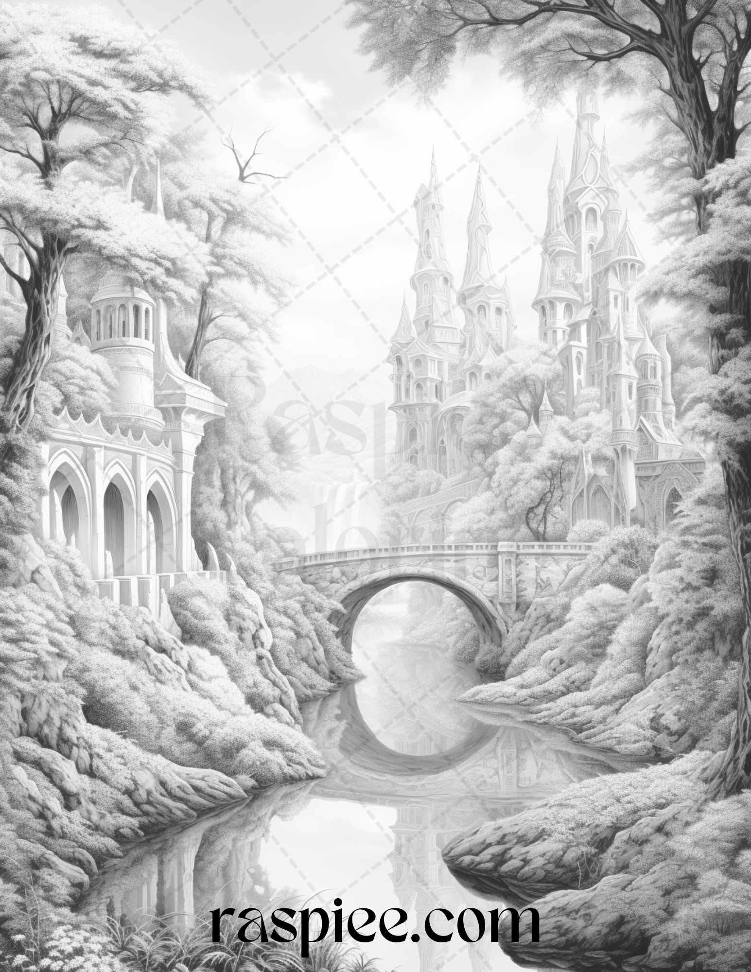 40 Fantasy Landscapes Grayscale Coloring Pages Printable for Adults, PDF File Instant Download