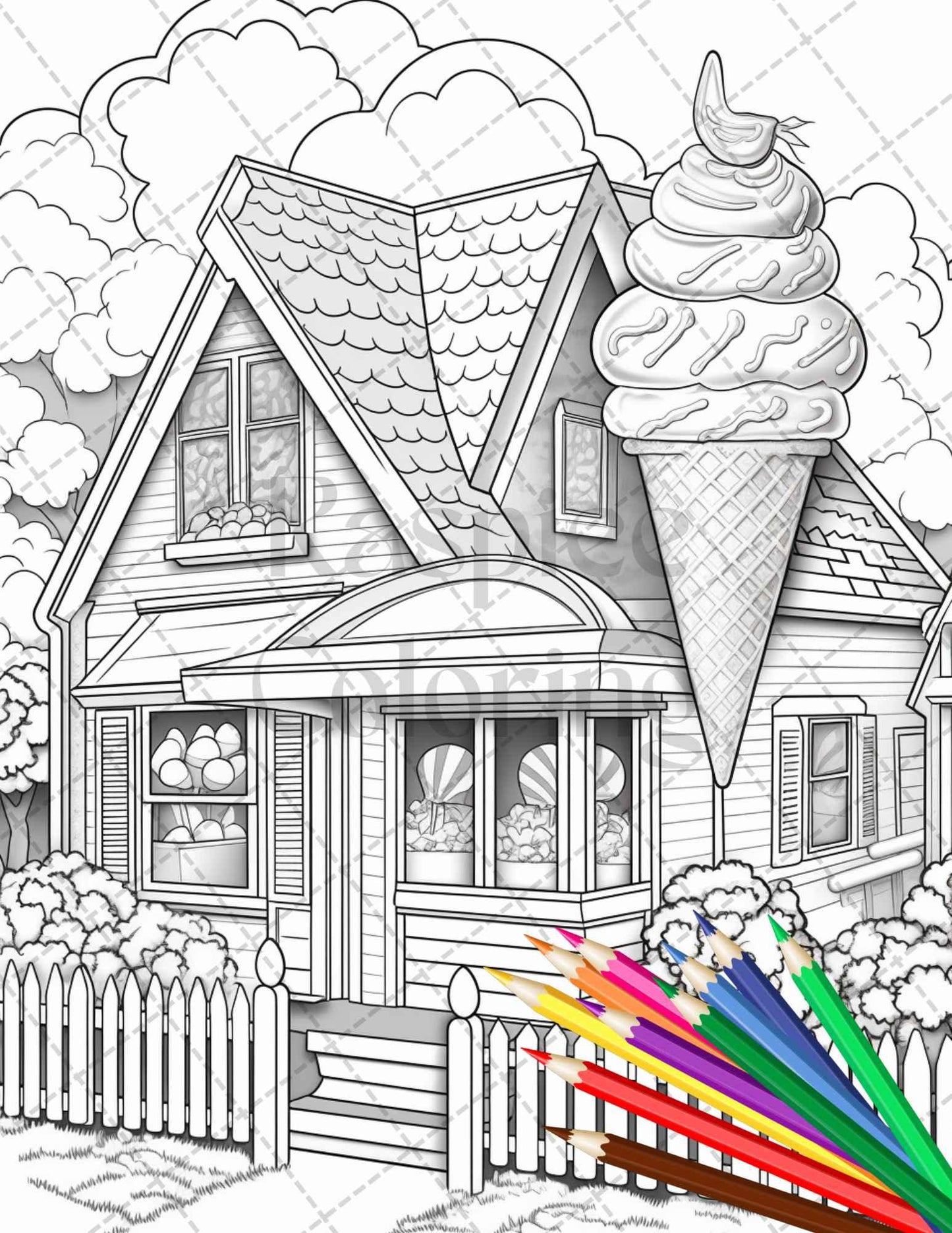 33 Ice Cream Houses Grayscale Coloring Pages Printable for Adults and Kids, PDF File Instant Download