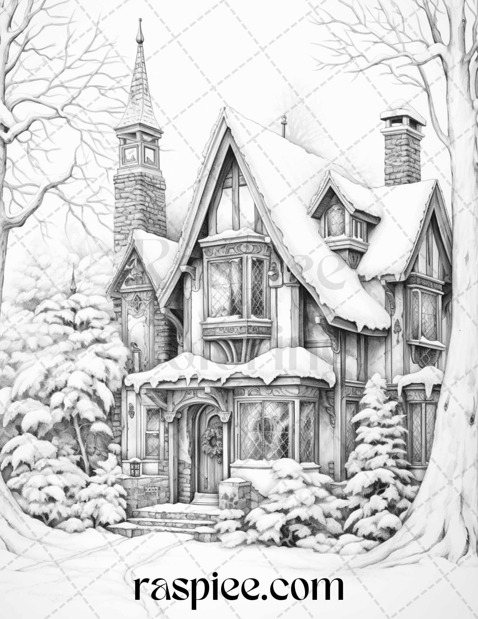 42 Fantasy Christmas Houses Grayscale Coloring Pages Printable for Adults, PDF File Instant Download