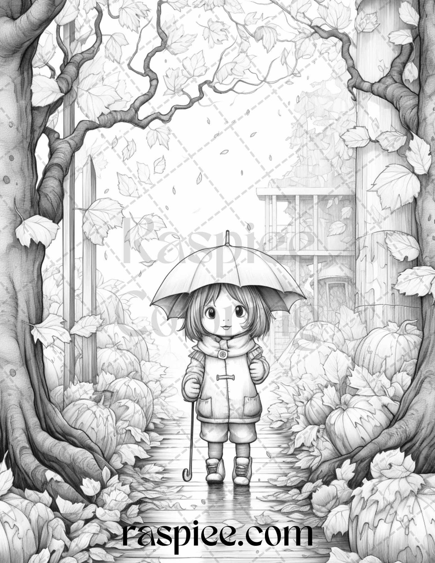 40 Rainy Autumn Day Grayscale Coloring Pages Printable for Adults and Kids, PDF File Instant Download