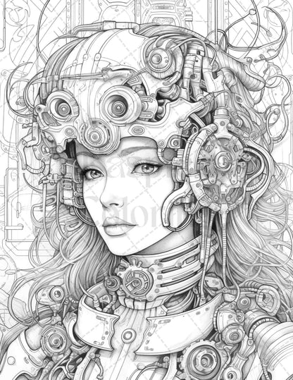 40 Beautiful Cyborg Girls Grayscale Coloring Pages Printable for Adults, PDF File Instant Download