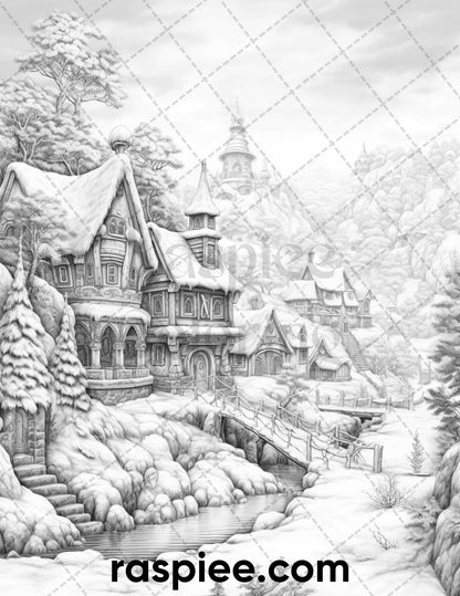 40 Fantasy Winter Village Grayscale Coloring Pages for Adults, PDF File Instant Download