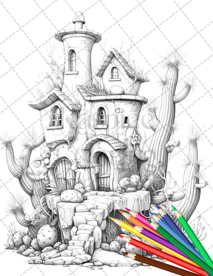 46 Fantasy Cactus Houses Grayscale Coloring Pages Printable for Adults, PDF File Instant Download