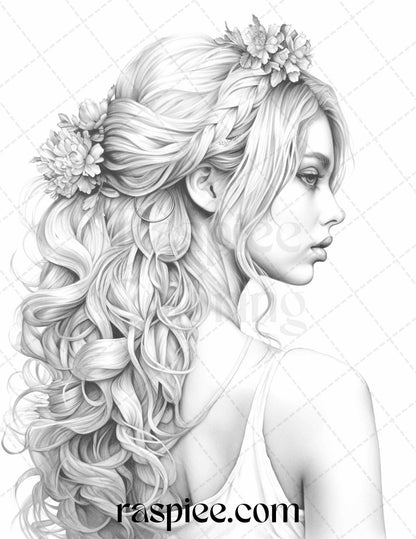 43 Beautiful Hairstyles Grayscale Coloring Pages Printable for Adults, PDF File Instant Download