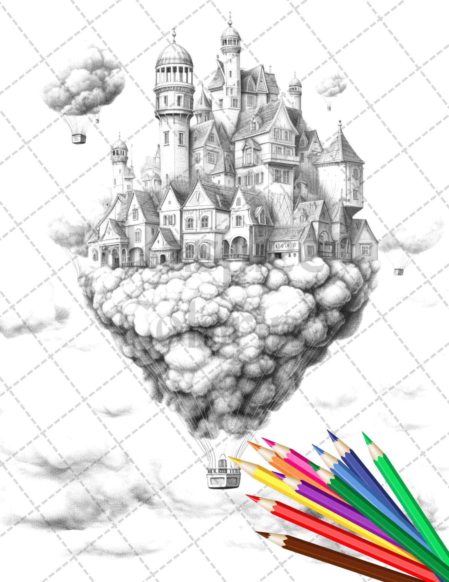 40 Fantasy Sky Houses Grayscale Coloring Pages Printable for Adults, PDF File Instant Download