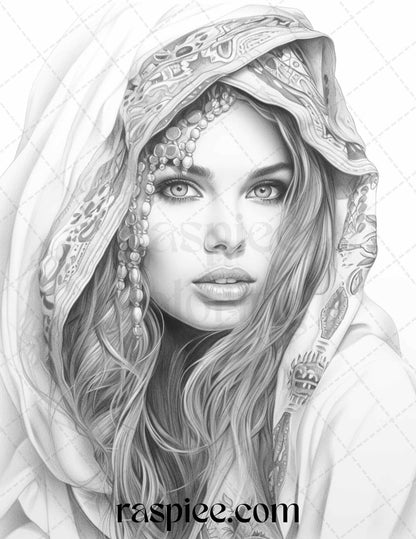 40 Beautiful Gypsy Girls Grayscale Coloring Pages Printable for Adults, PDF File Instant Download