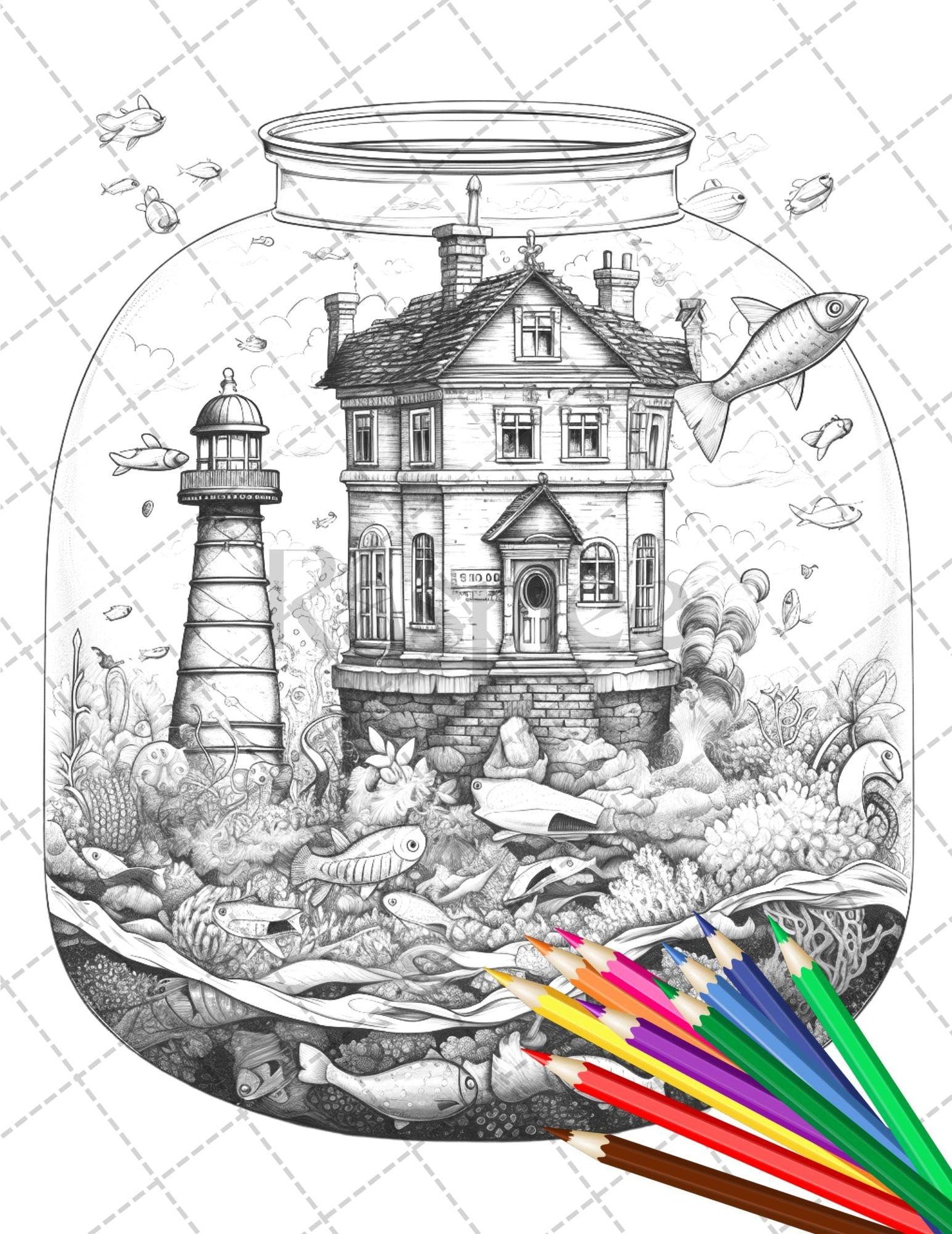 34 Fishtank Houses Coloring Book for Adults, Grayscale Coloring Page, Printable PDF Instant Download