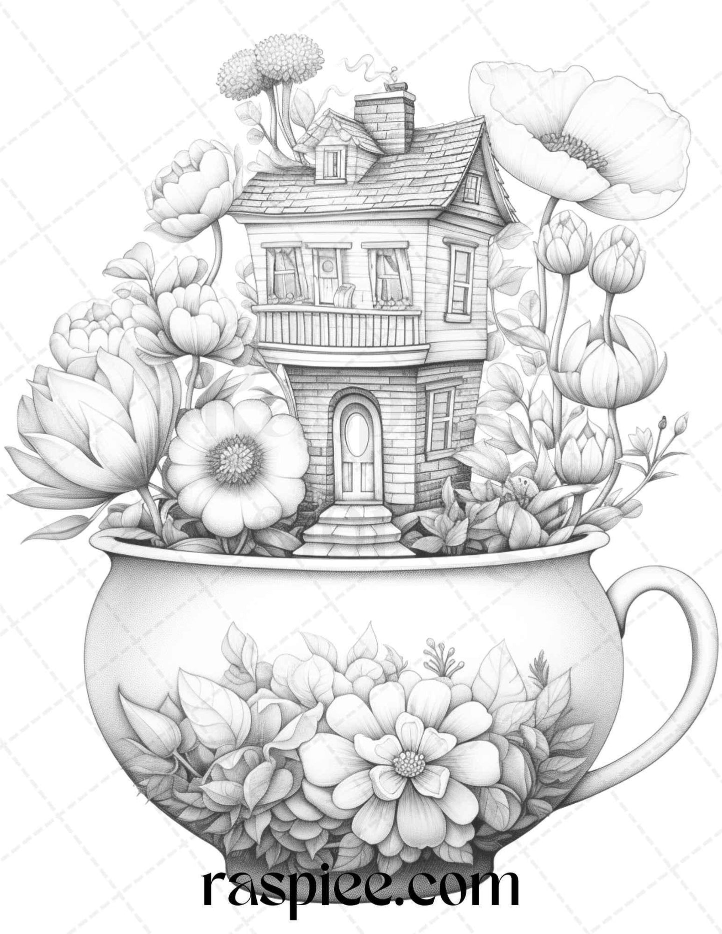 40 Flower Teacup Fairy Houses Grayscale Coloring Pages Printable for Adults, PDF File Instant Download