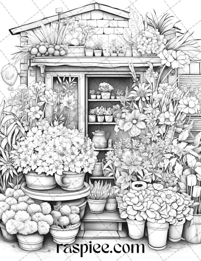 45 Flower Store Front Grayscale Coloring Pages Printable for Adults, PDF File Instant Download