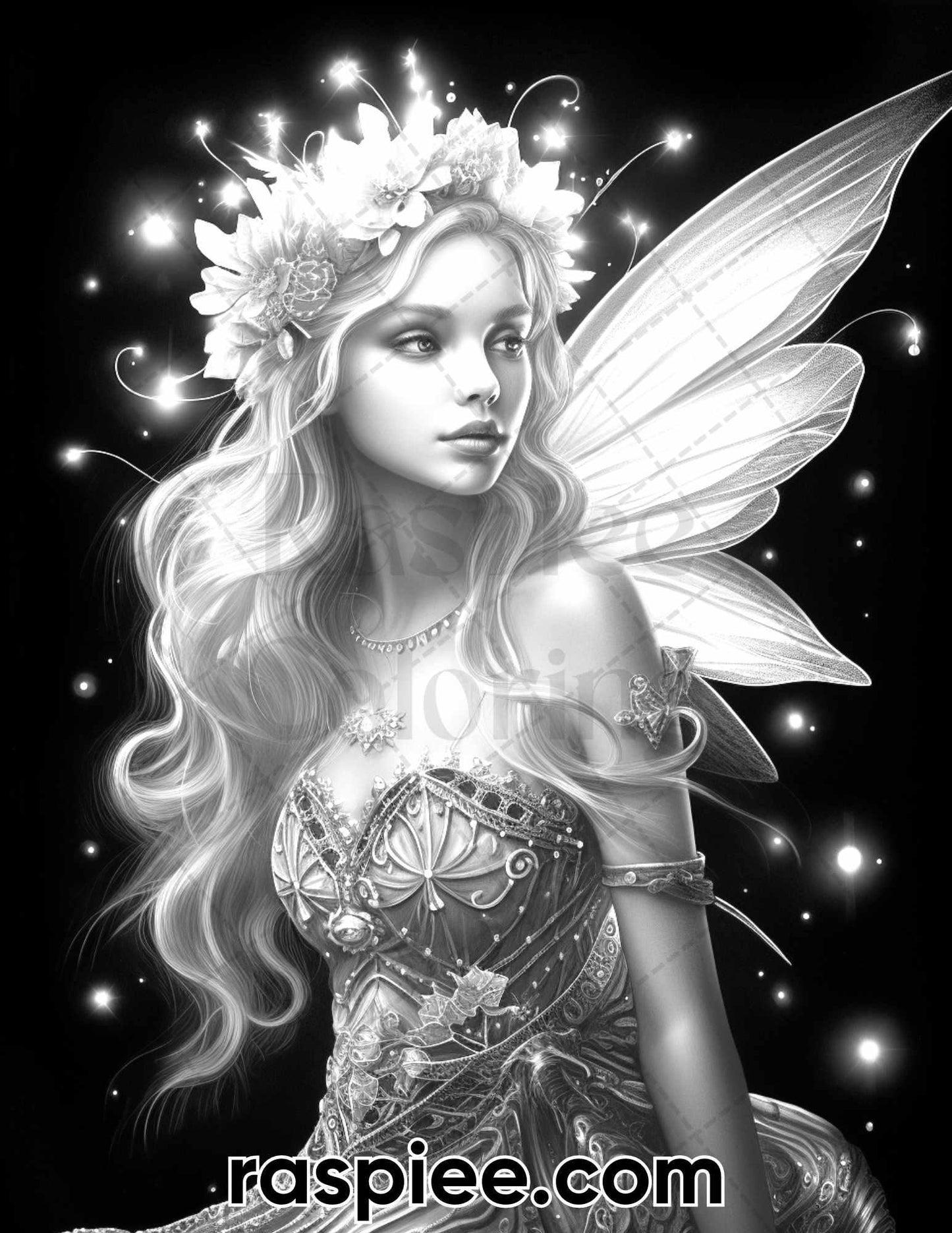 50 Starlight Fairy Grayscale Coloring Pages for Adults, Printable PDF File Instant Download