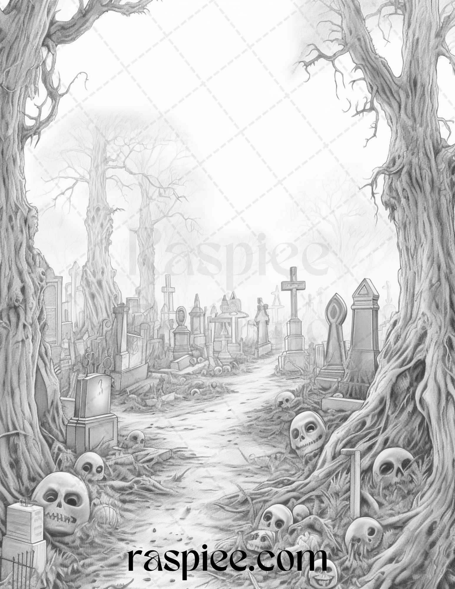 Ghoulish Halloween Grayscale Coloring Pages Printable for Adults, PDF File Instant Download